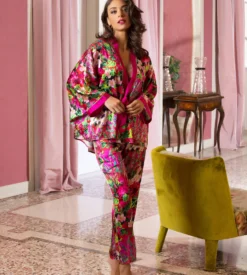 Pantalon En Satin De Soie Envolée De Fleurs Fuchsia