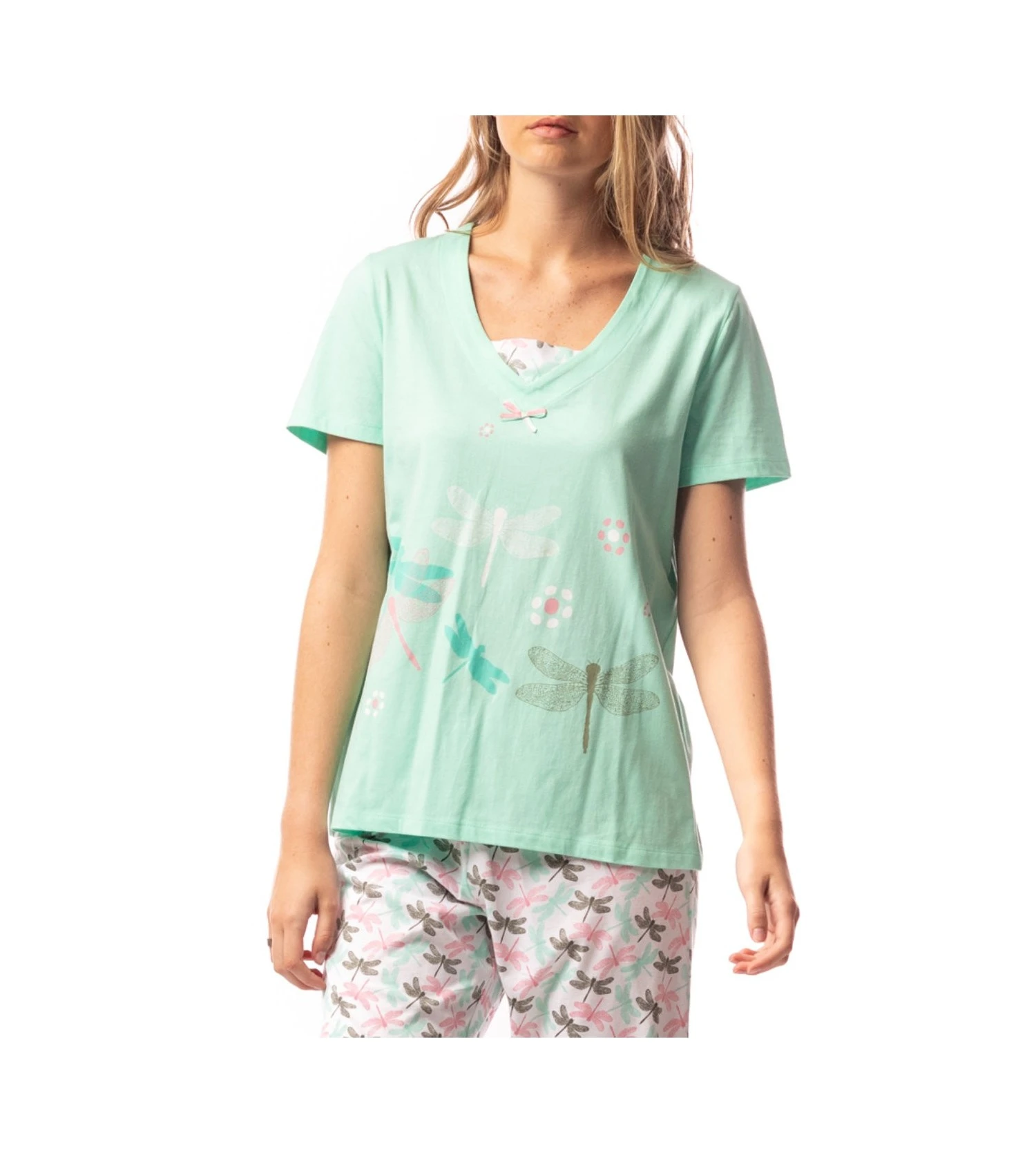 Pyjama Corsaire Motif Libellule Blanc/Vert 2 Pyjama Corsaire Motif Libellule Blanc/Vert – Image 2