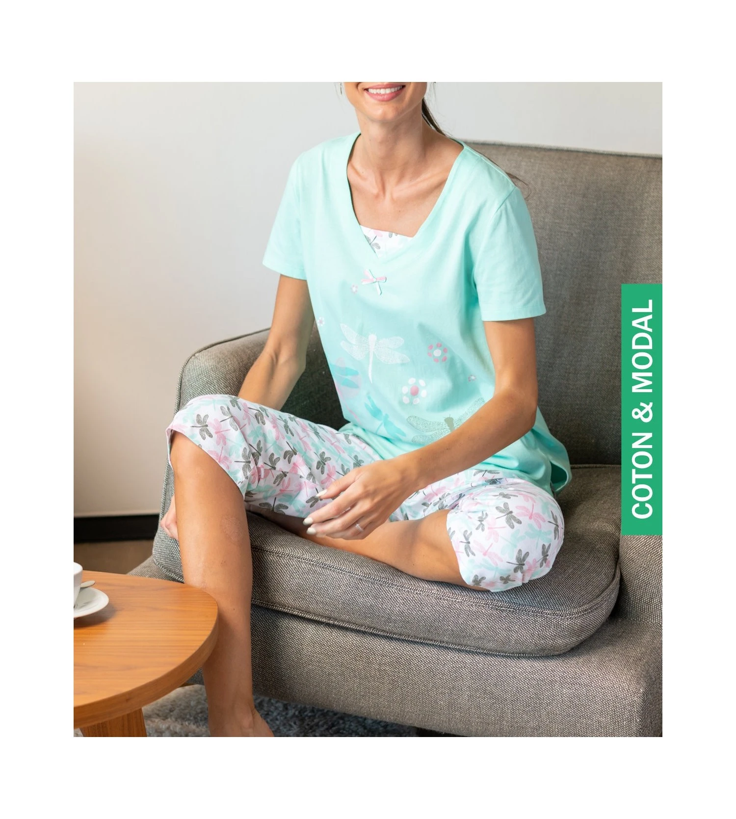 Pyjama Corsaire Motif Libellule Blanc/Vert 3 Pyjama Corsaire Motif Libellule Blanc/Vert – Image 3