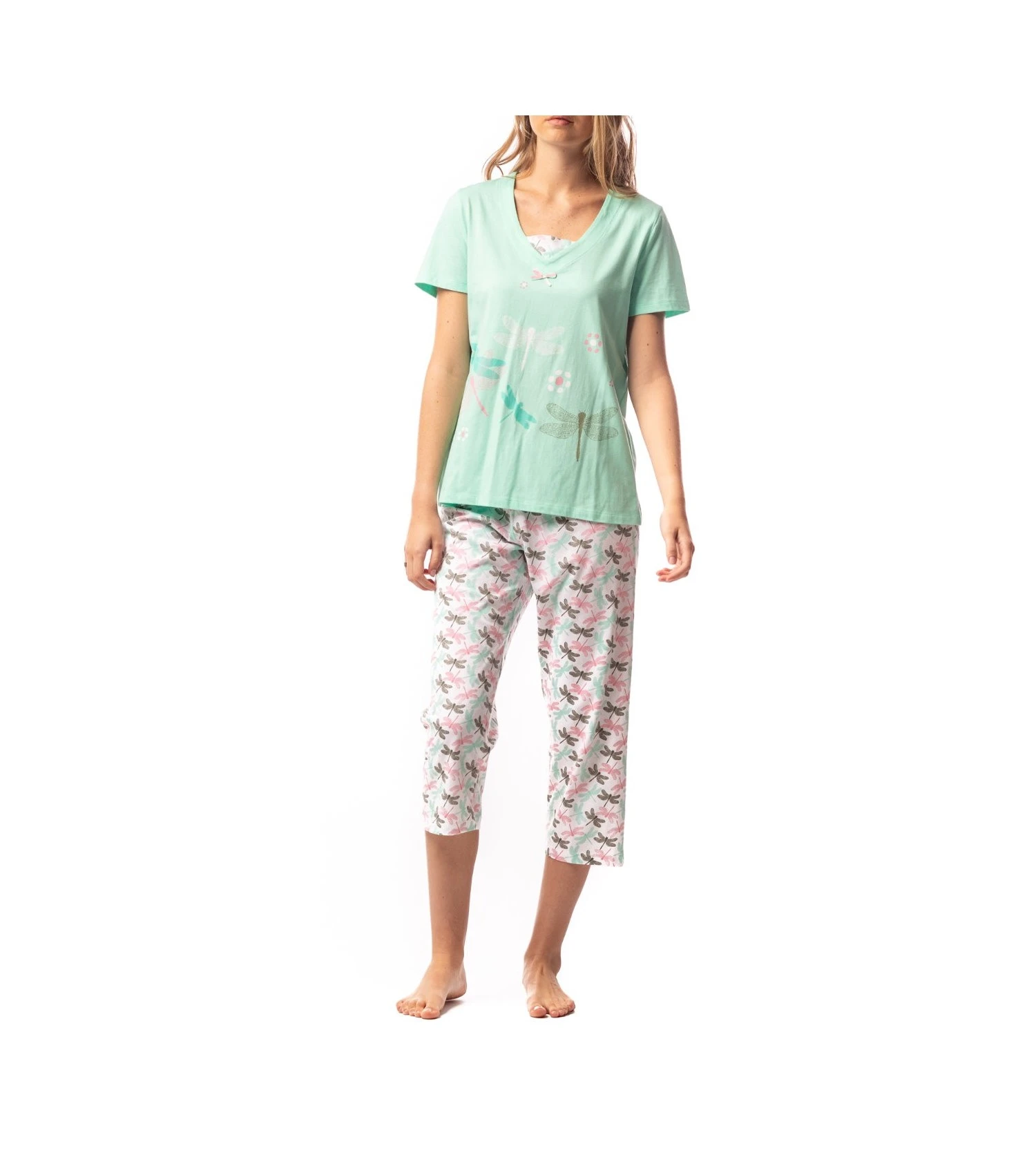 Pyjama Corsaire Motif Libellule Blanc/Vert 1 Pyjama Corsaire Motif Libellule Blanc/Vert