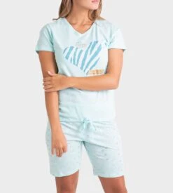 Pyjama Court Féminin Col V Turquoise -Calida Soldes Magasin pyjashort pour femme col v k72 turquoise 3