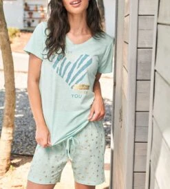 Pyjama Court Féminin Col V Turquoise -Calida Soldes Magasin pyjashort pour femme col v k72 turquoise 4