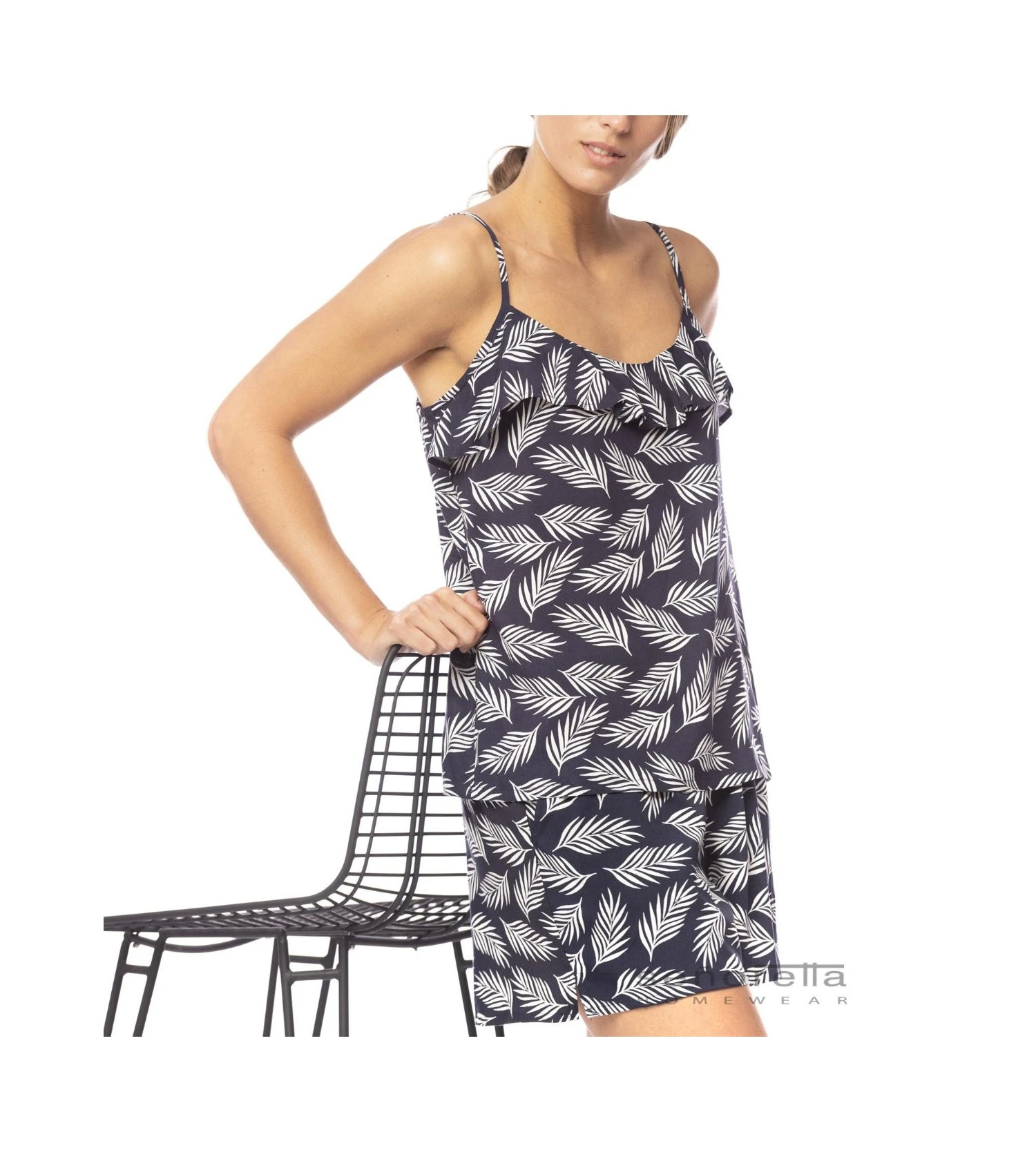 Short Fluide En Viscose Feuillage BLEU 4 Short Fluide En Viscose Feuillage BLEU – Image 4